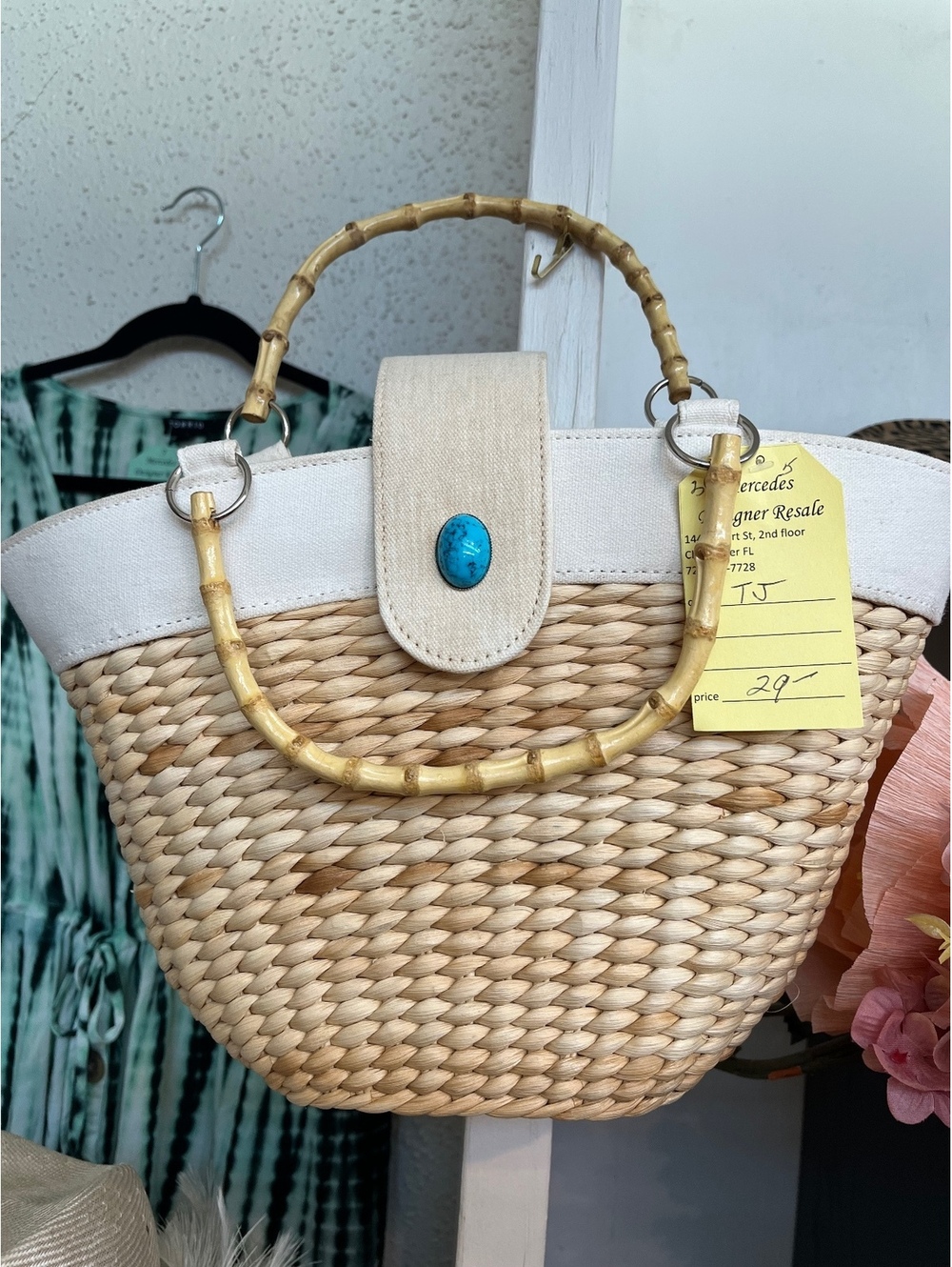 Woven Straw Handbag with Bamboo Handle and Turquoise Button Accent